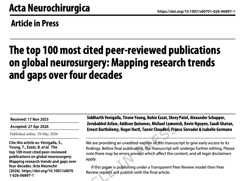 Our work in top 100 most cited peer reviewed publications on global neurosurgery!
