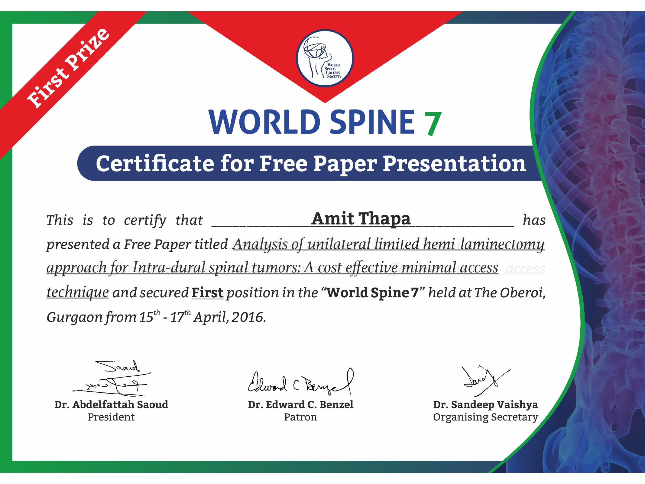 First Prize in World Spine 7 Congress